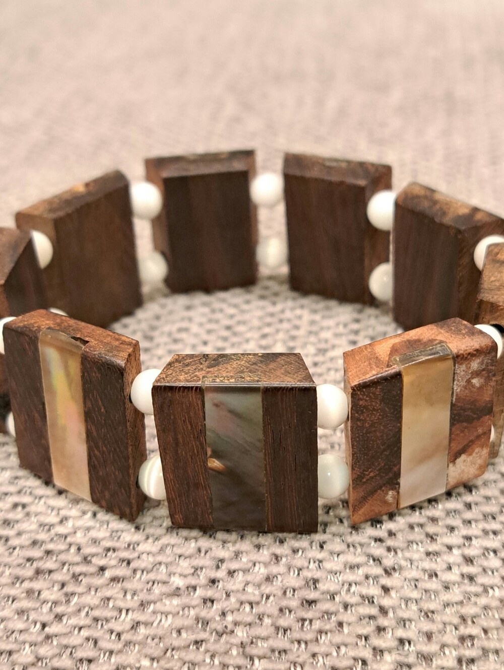 Vintage Wood & Mother of Pearl Inlay Stretch Bracelet Boho